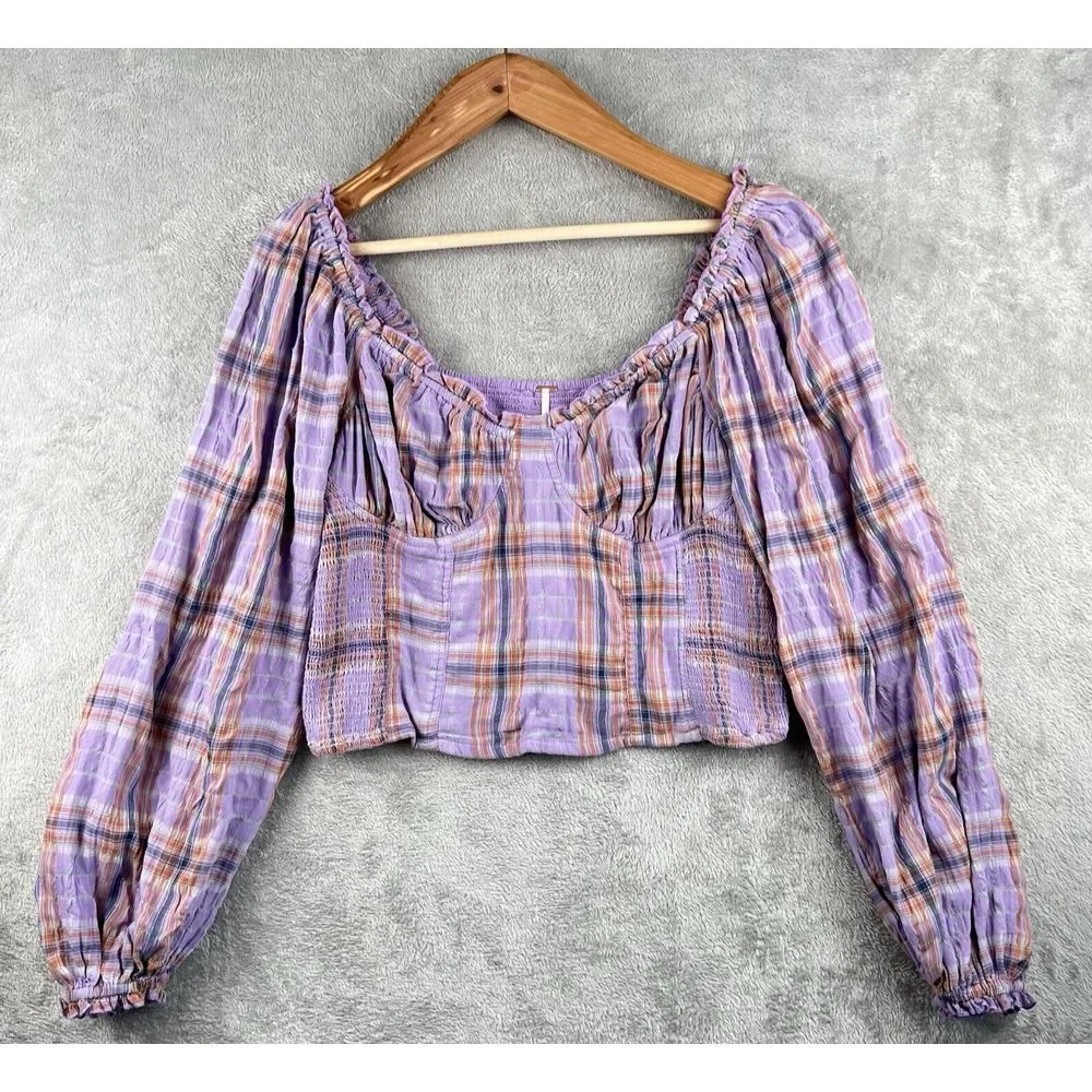 Free People Cherry Bomb Top Womens XL Purple Plaid Balloon Sleeves Ruched Boho - Picture 1 of 11